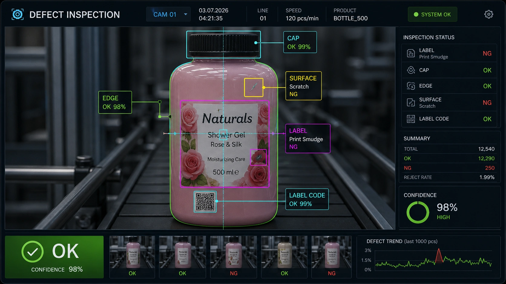 AI vision defect inspection interface for bottle surface label and cap checks