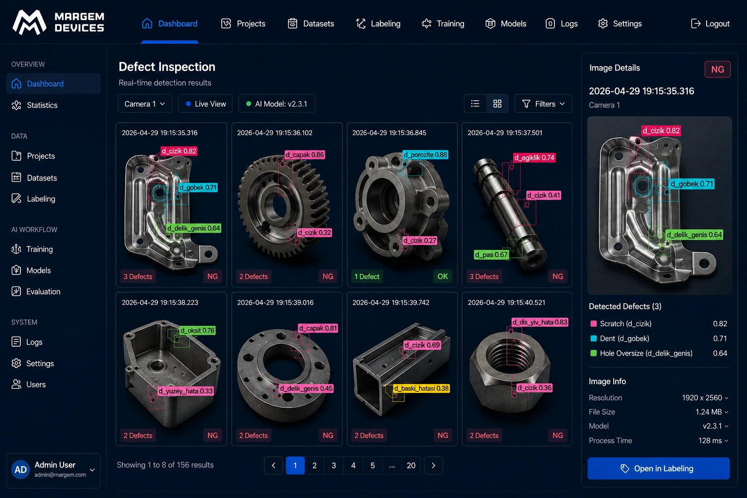AI vision defect inspection dashboard with detected metal part defects